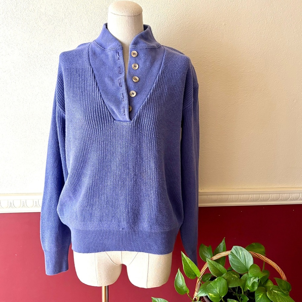 Vintage LL Bean Periwinkle Blue Cotton Ribbed Button Shawl Collar Sweater USA M